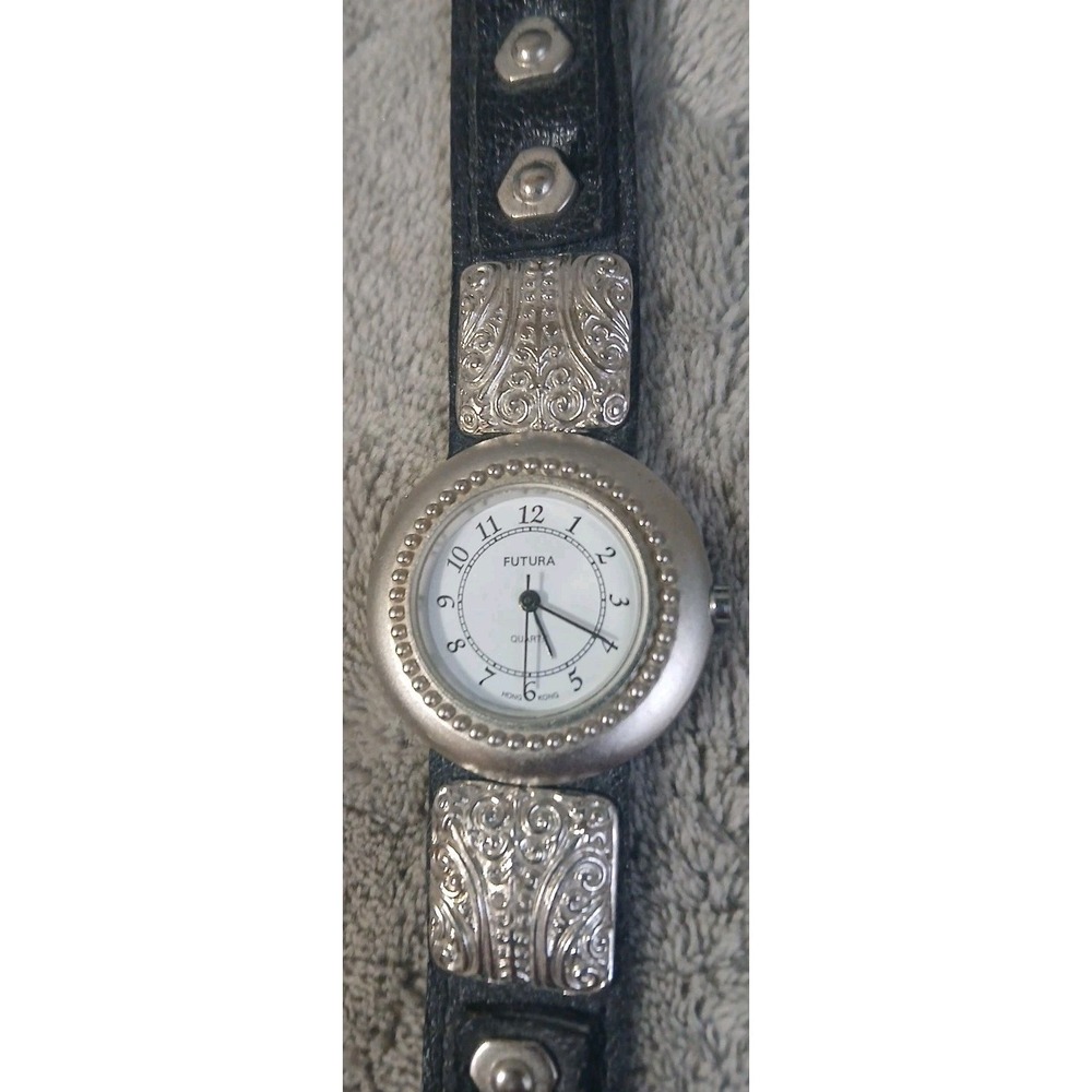Vtg Futura Quartz Watch Women Silver Ornate Black Leather Band Needs Battery‎